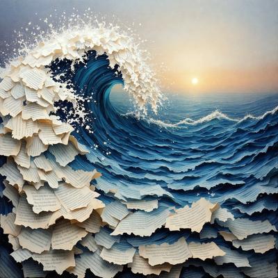 The primary subject of the image is a painting of a wave with a sunset in the background. The setting is a vast ocean, and the visual style is a combination of digital art and illustration. The colors and mood of the painting are vibrant and serene, with the sunset creating a warm and inviting atmosphere.